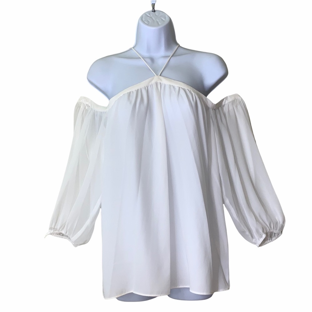 1. State Off Shoulder Halter White Chiffon Blouse - Picture 3 of 15